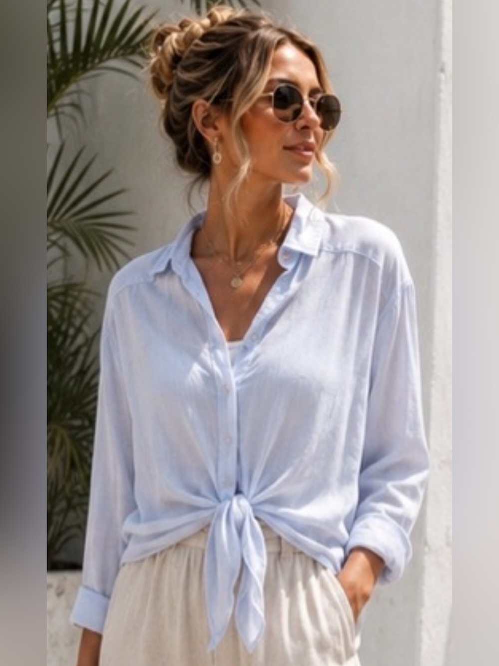Express Light Blue Tie-Front Button-Up Shirt - Classic Women's Top Small